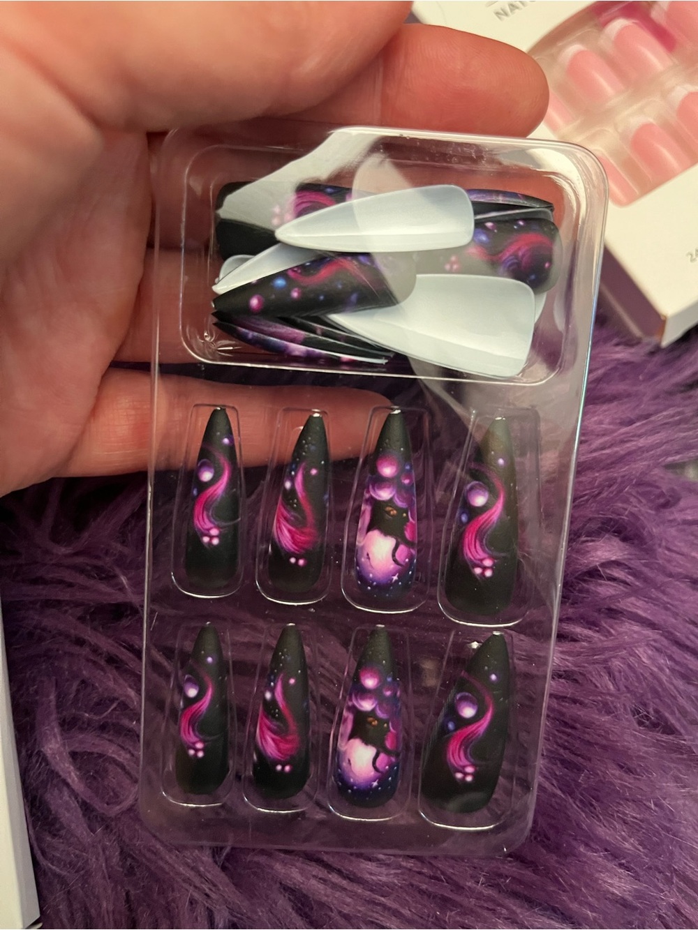 Press-On Stiletto Nails in Black and Pink Galaxy Design